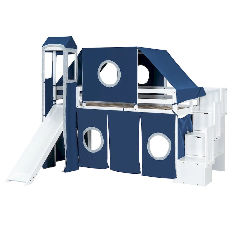 Kids Castle Loft Bed with Slide, Tent, Tower and Storage Staircase, Twin Full, Blue Pink