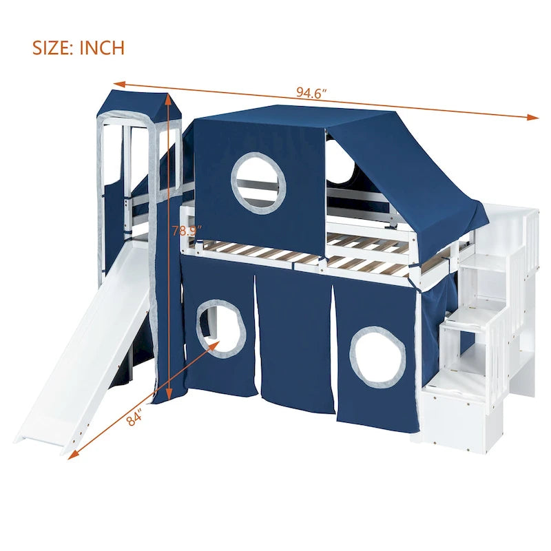 Kids Castle Loft Bed with Slide, Tent, Tower and Storage Staircase, Twin Full, Blue Pink
