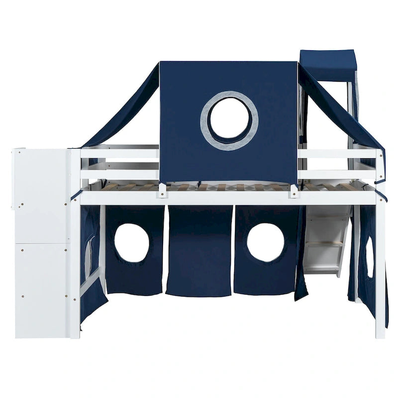 Kids Castle Loft Bed with Slide, Tent, Tower and Storage Staircase, Twin Full, Blue Pink