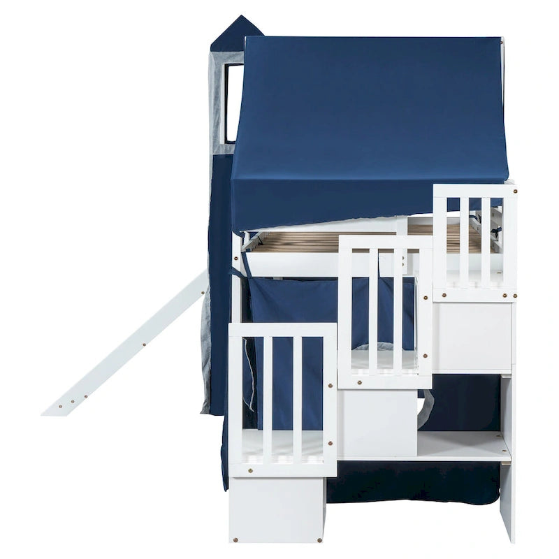 Kids Castle Loft Bed with Slide, Tent, Tower and Storage Staircase, Twin Full, Blue Pink