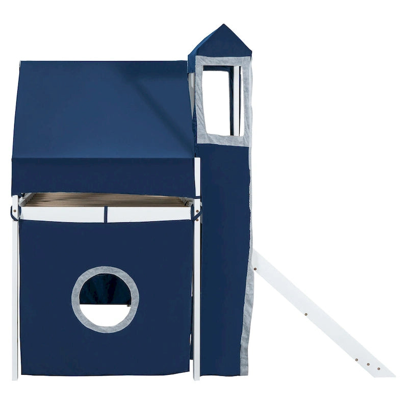 Kids Castle Loft Bed with Slide, Tent, Tower and Storage Staircase, Twin Full, Blue Pink