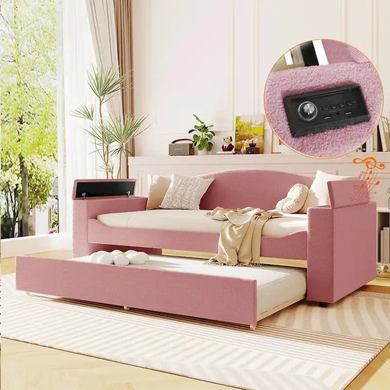 Divanetto letto singolo rivestito in morbido tessuto teddy con bracciolo dotato di altoparlante Bluetooth, porta USB, illuminazione LED e letto estraibile, grigio
