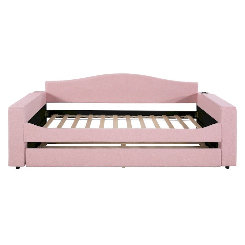 Divanetto letto singolo rivestito in morbido tessuto teddy con bracciolo dotato di altoparlante Bluetooth, porta USB, illuminazione LED e letto estraibile, grigio