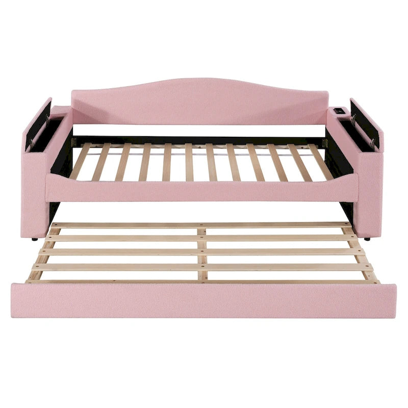 Divanetto letto singolo rivestito in morbido tessuto teddy con bracciolo dotato di altoparlante Bluetooth, porta USB, illuminazione LED e letto estraibile, grigio