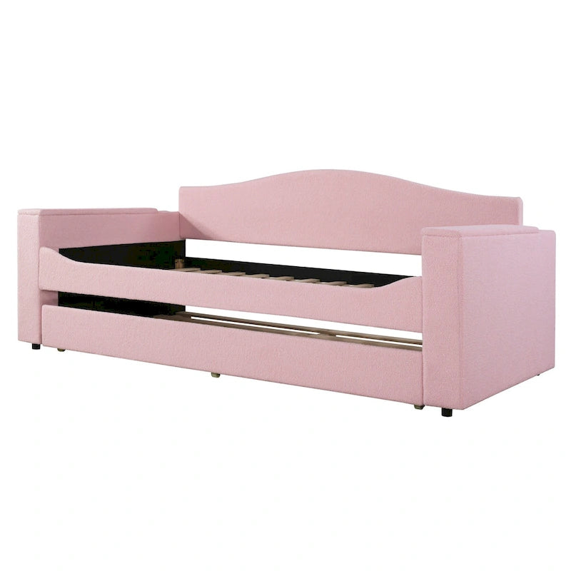 Divanetto letto singolo rivestito in morbido tessuto teddy con bracciolo dotato di altoparlante Bluetooth, porta USB, illuminazione LED e letto estraibile, grigio