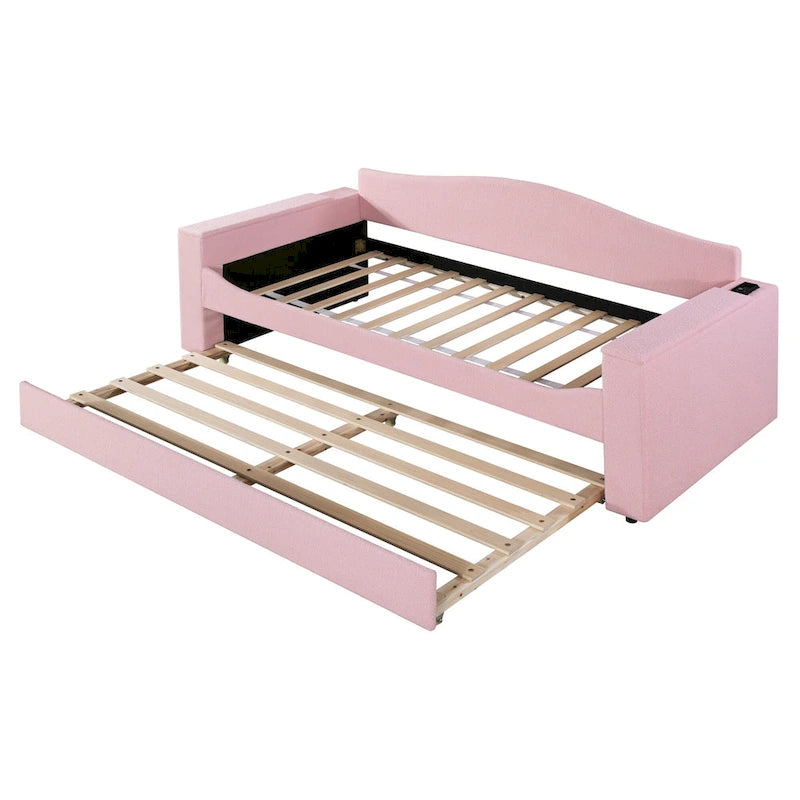 Divanetto letto singolo rivestito in morbido tessuto teddy con bracciolo dotato di altoparlante Bluetooth, porta USB, illuminazione LED e letto estraibile, grigio