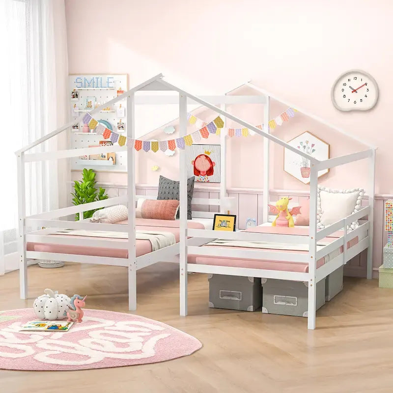 Letto casetta angolare doppio singolo per bambini con struttura del tetto, sponde di sicurezza e comodino con ricarica USB, bianco