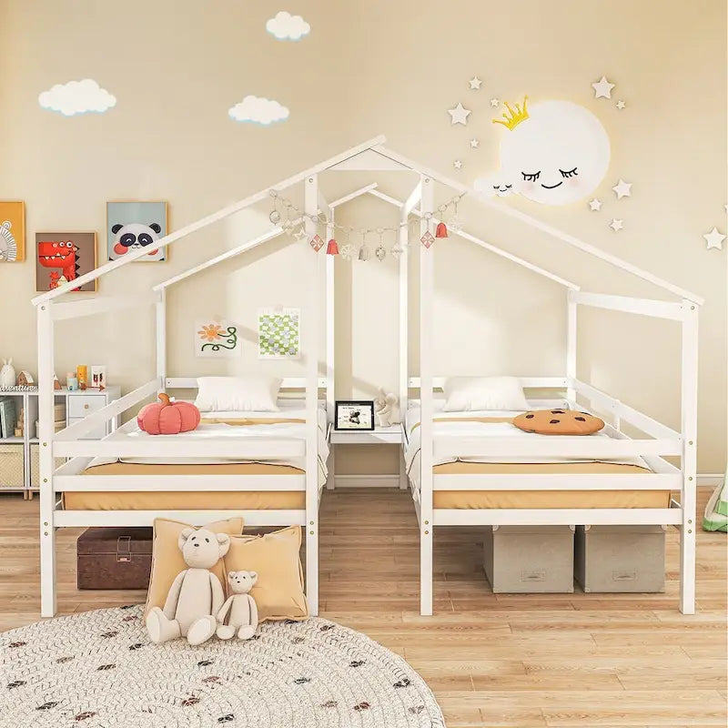 L-förmiges Doppel-Kinderhausbett in Größe Twin mit Dachrahmen, Rausfallschutz und Nachttisch mit USB-Ladefunktion, Weiß