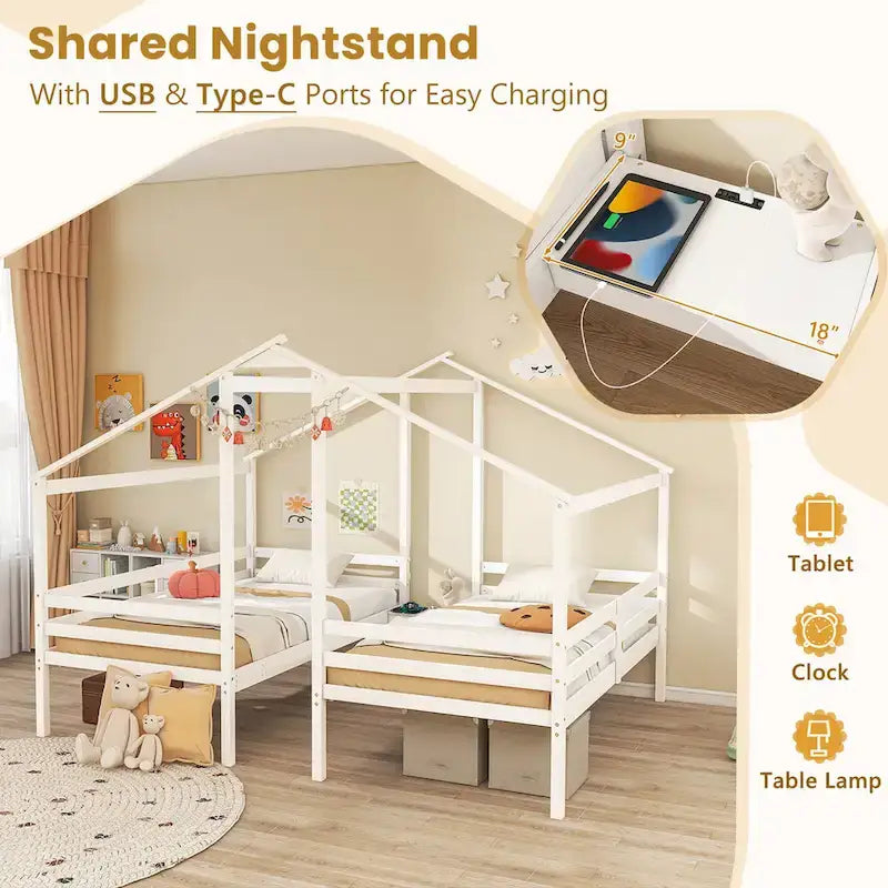 L-förmiges Doppel-Kinderhausbett in Größe Twin mit Dachrahmen, Rausfallschutz und Nachttisch mit USB-Ladefunktion, Weiß
