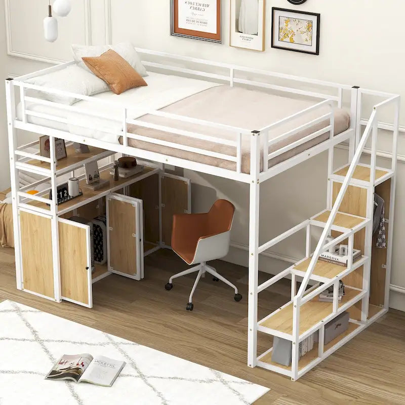 Full Size Metal Loft Bed with Double-Door Cabinet, Open Shelves and Storage Staircase, White+Natural Black