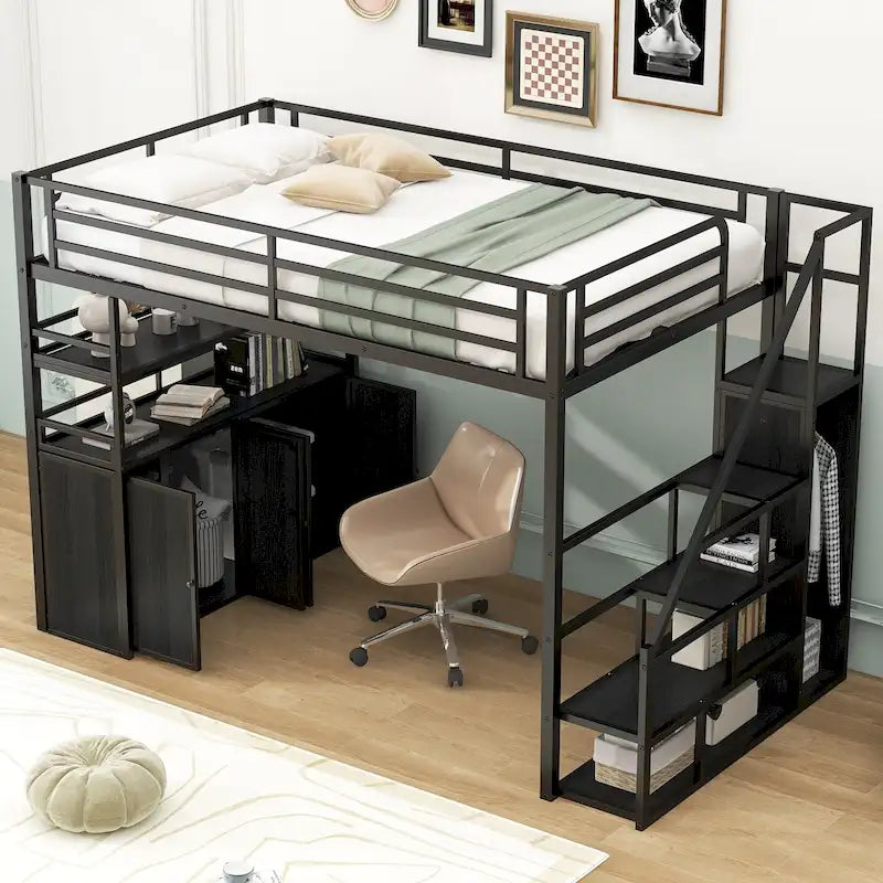 Lit mezzanine en métal format Full avec armoire à deux portes, étagères ouvertes et escalier de rangement, blanc+bois naturel noir