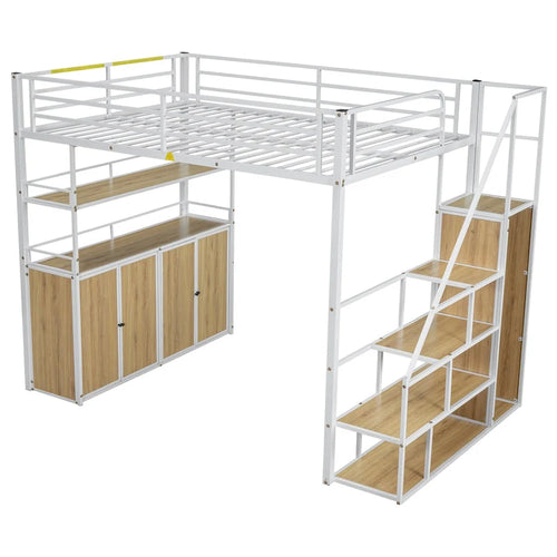 Full Size Metal Loft Bed with Storage Staircase and Wardrobe, Shelves
