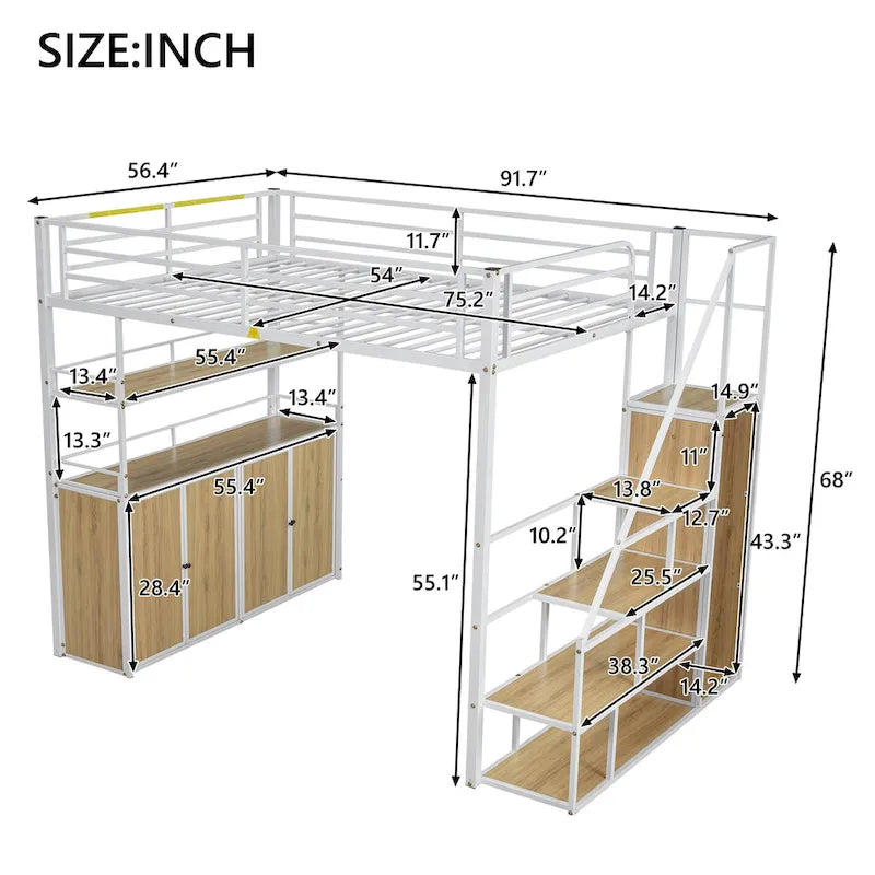 Full Size Metal Loft Bed with Double-Door Cabinet, Open Shelves and Storage Staircase, White+Natural Black