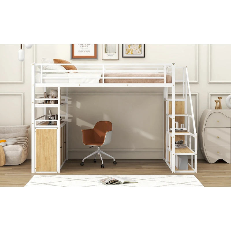 Full Size Metal Loft Bed with Double-Door Cabinet, Open Shelves and Storage Staircase, White+Natural Black