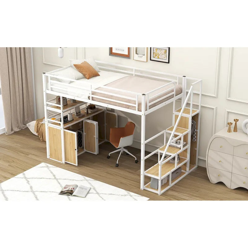 Full Size Metal Loft Bed with Double-Door Cabinet, Open Shelves and Storage Staircase, White+Natural Black