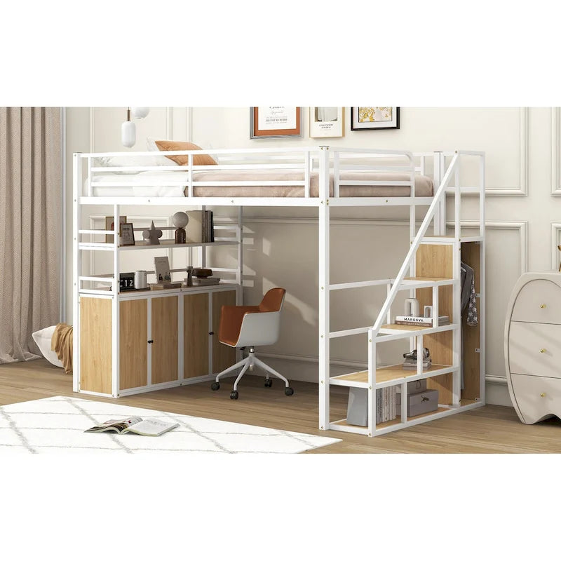 Full Size Metal Loft Bed with Double-Door Cabinet, Open Shelves and Storage Staircase, White+Natural Black