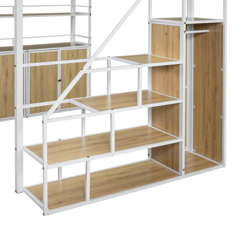 Full Size Metal Loft Bed with Double-Door Cabinet, Open Shelves and Storage Staircase, White+Natural Black