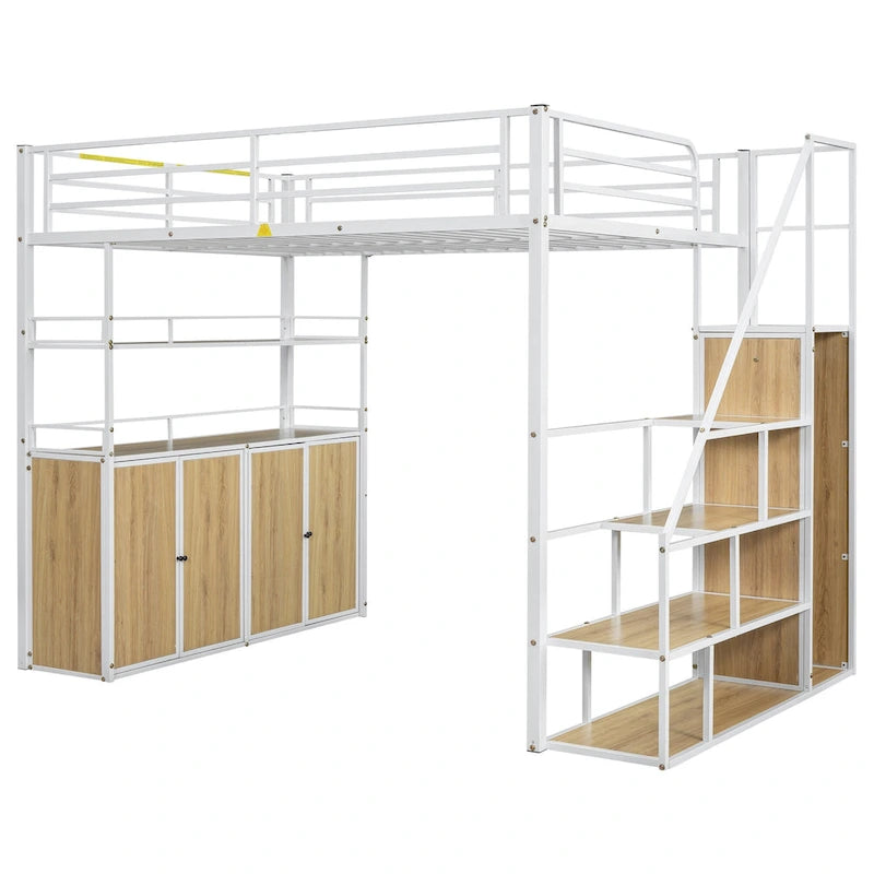 Full Size Metal Loft Bed with Double-Door Cabinet, Open Shelves and Storage Staircase, White+Natural Black