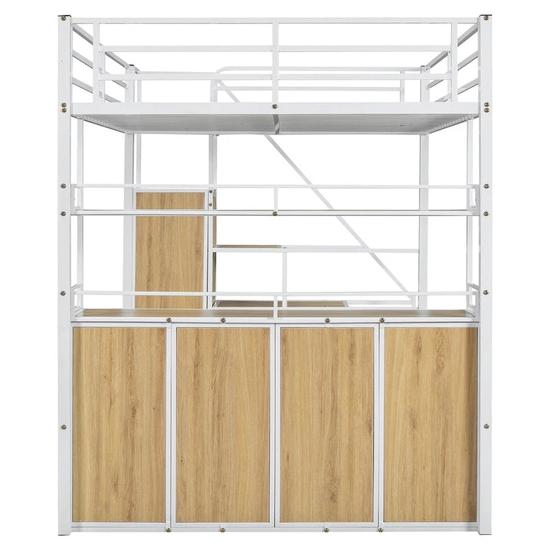 Full Size Metal Loft Bed with Double-Door Cabinet, Open Shelves and Storage Staircase, White+Natural Black