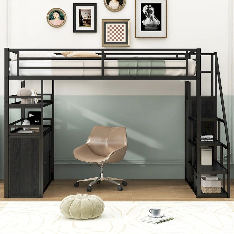Full Size Metal Loft Bed with Double-Door Cabinet, Open Shelves and Storage Staircase, White+Natural Black