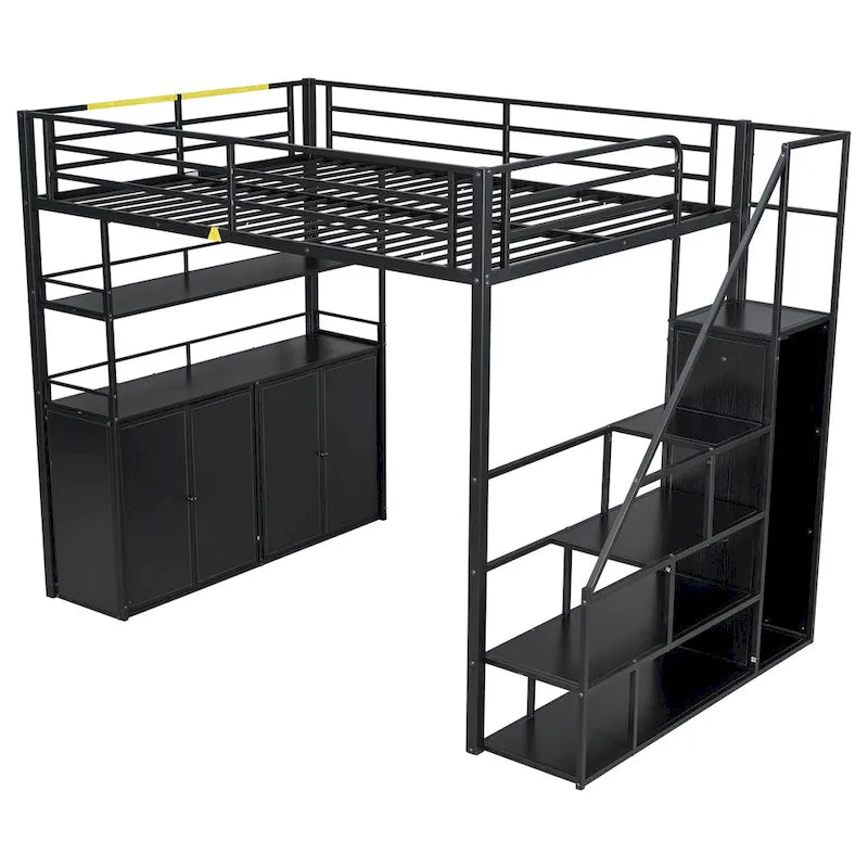 Full Size Metal Loft Bed with Double-Door Cabinet, Open Shelves and Storage Staircase, White+Natural Black