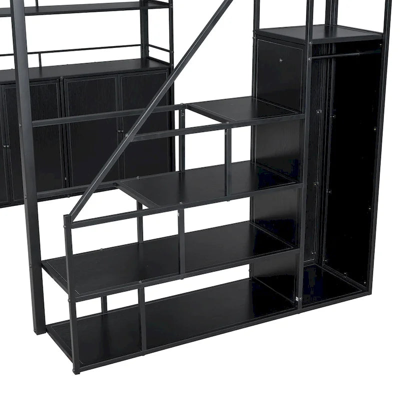 Full Size Metal Loft Bed with Double-Door Cabinet, Open Shelves and Storage Staircase, White+Natural Black