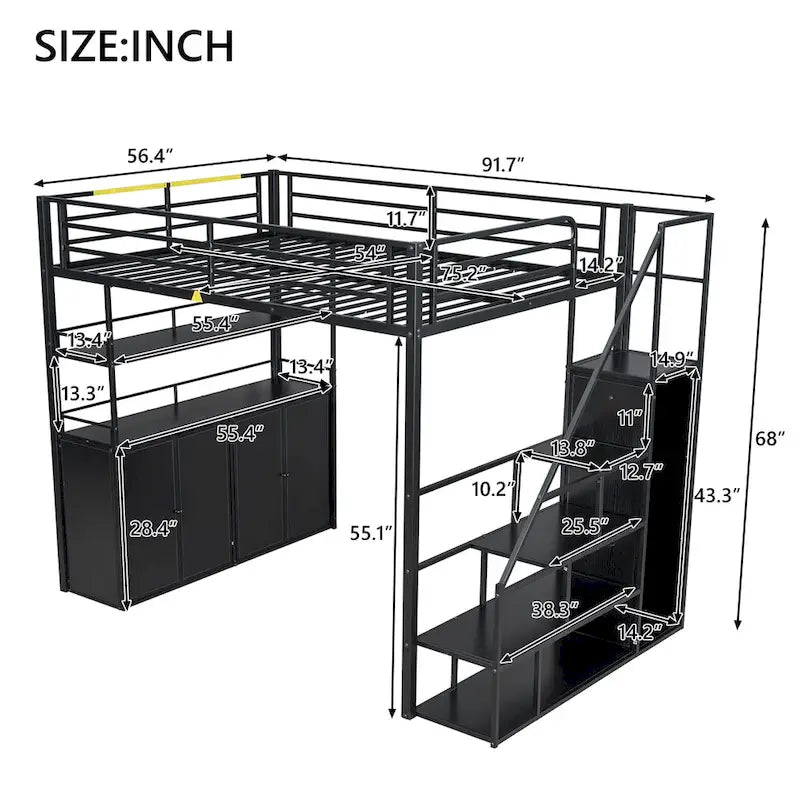 Full Size Metal Loft Bed with Double-Door Cabinet, Open Shelves and Storage Staircase, White+Natural Black