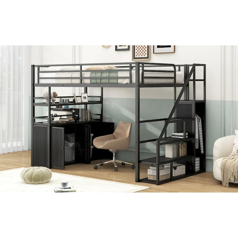 Full Size Metal Loft Bed with Double-Door Cabinet, Open Shelves and Storage Staircase, White+Natural Black