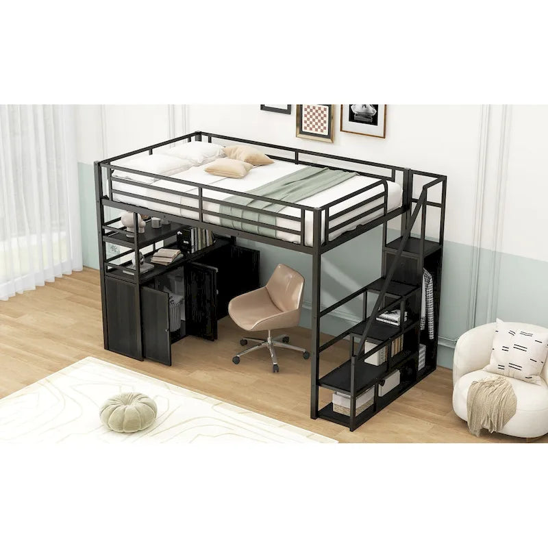 Full Size Metal Loft Bed with Double-Door Cabinet, Open Shelves and Storage Staircase, White+Natural Black