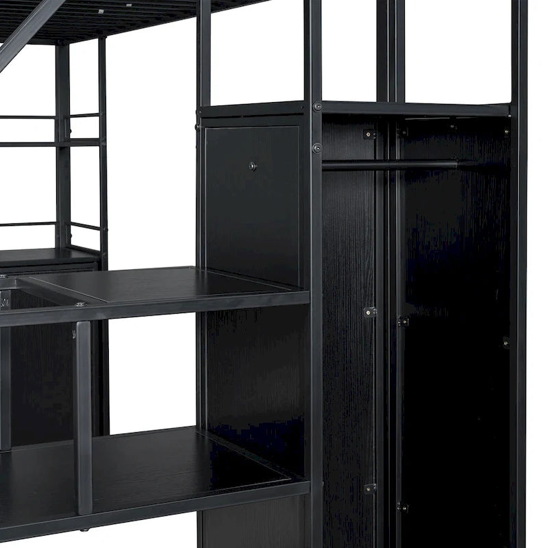 Full Size Metal Loft Bed with Double-Door Cabinet, Open Shelves and Storage Staircase, White+Natural Black
