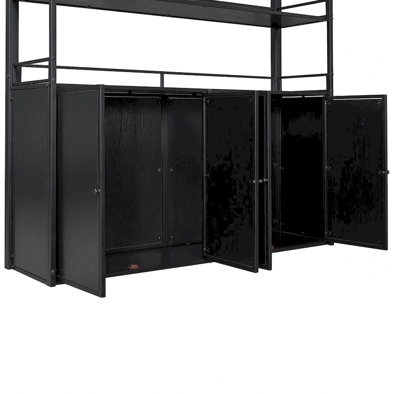 Full Size Metal Loft Bed with Double-Door Cabinet, Open Shelves and Storage Staircase, White+Natural Black