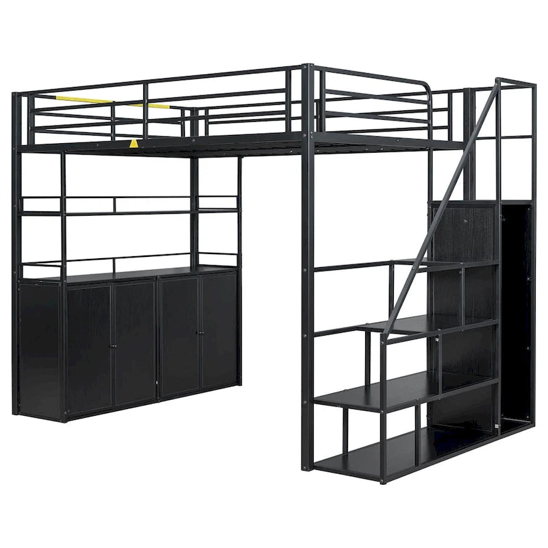 Full Size Metal Loft Bed with Double-Door Cabinet, Open Shelves and Storage Staircase, White+Natural Black