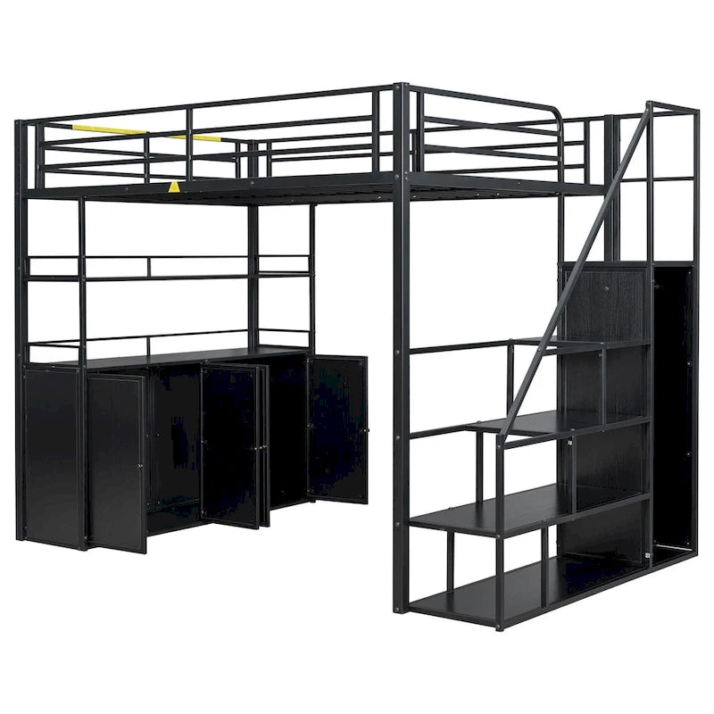 Full Size Metal Loft Bed with Double-Door Cabinet, Open Shelves and Storage Staircase, White+Natural Black