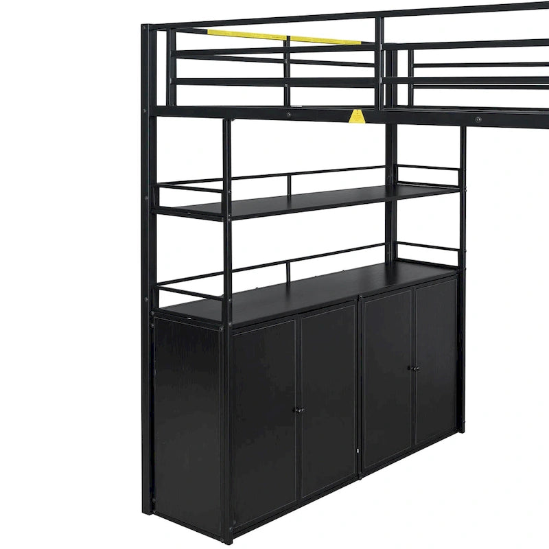 Full Size Metal Loft Bed with Double-Door Cabinet, Open Shelves and Storage Staircase, White+Natural Black
