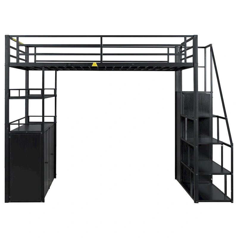 Full Size Metal Loft Bed with Double-Door Cabinet, Open Shelves and Storage Staircase, White+Natural Black