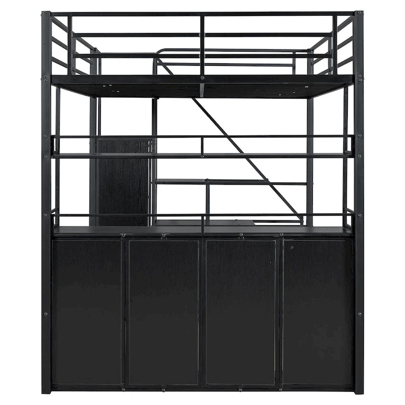 Full Size Metal Loft Bed with Double-Door Cabinet, Open Shelves and Storage Staircase, White+Natural Black