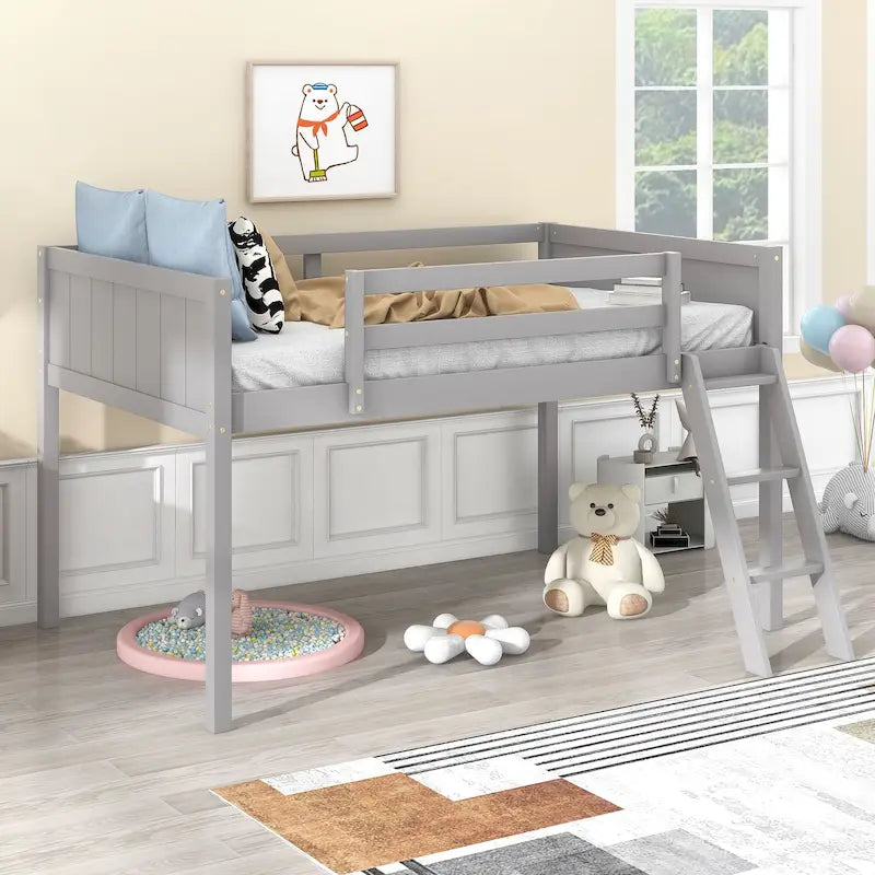 Twin Solid Pine Low Loft Bed with Full-Length Guardrails and Convertible Ladder, Gray White