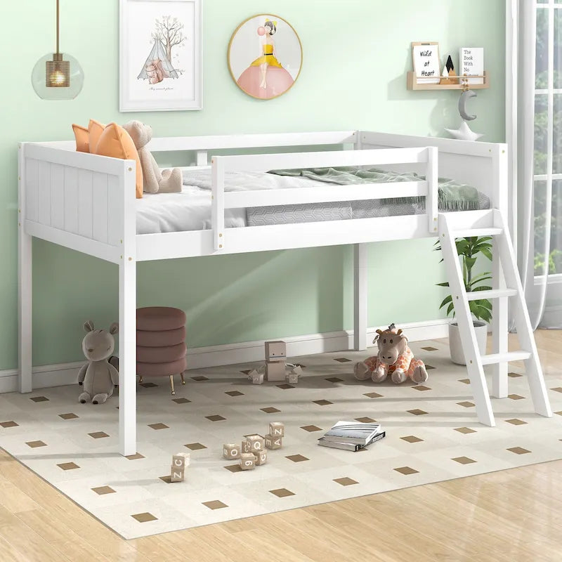 Twin Solid Pine Low Loft Bed with Full-Length Guardrails and Convertible Ladder, Gray White