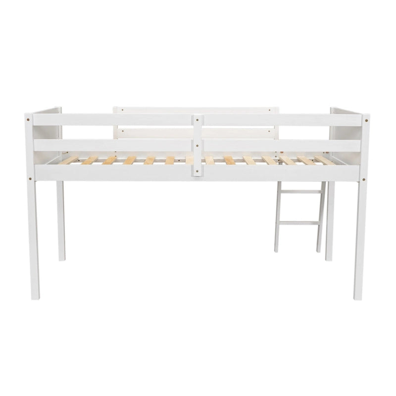 Twin Solid Pine Low Loft Bed with Full-Length Guardrails and Convertible Ladder, Gray White