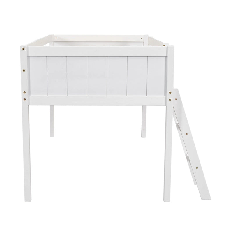 Twin Solid Pine Low Loft Bed with Full-Length Guardrails and Convertible Ladder, Gray White