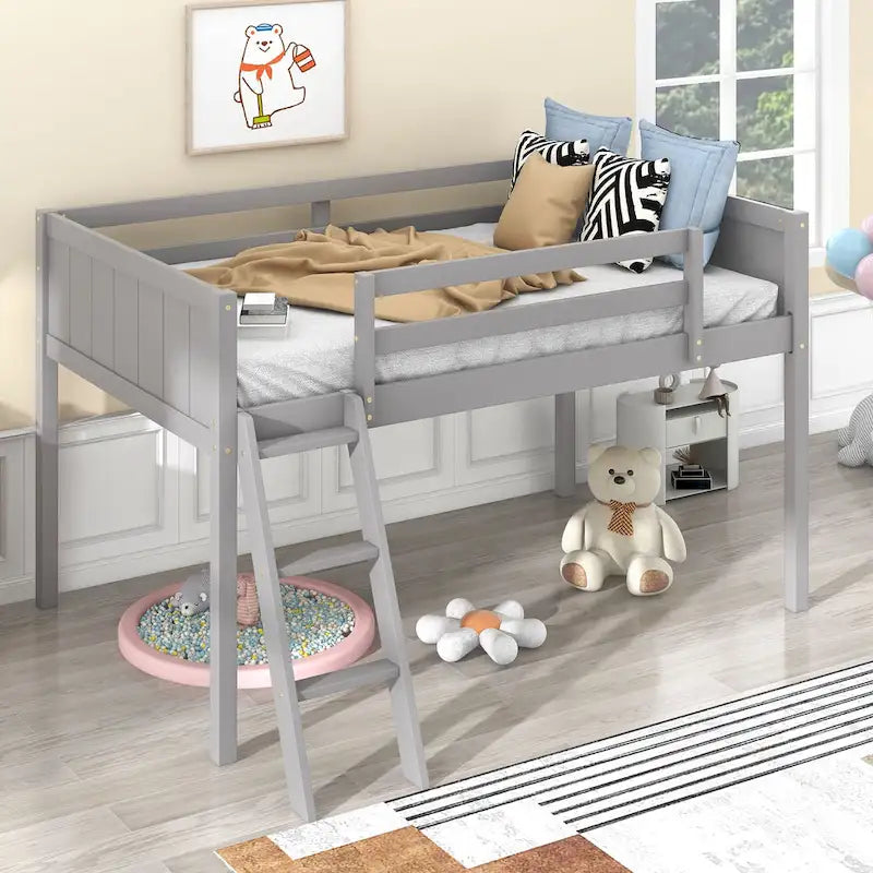 Twin Solid Pine Low Loft Bed with Full-Length Guardrails and Convertible Ladder, Gray White