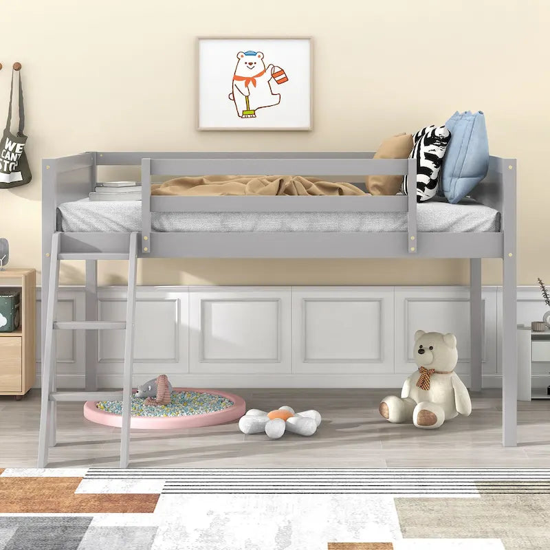 Twin Solid Pine Low Loft Bed with Full-Length Guardrails and Convertible Ladder, Gray White