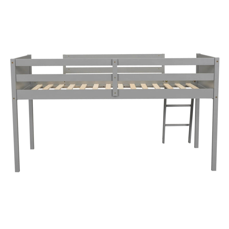 Twin Solid Pine Low Loft Bed with Full-Length Guardrails and Convertible Ladder, Gray White
