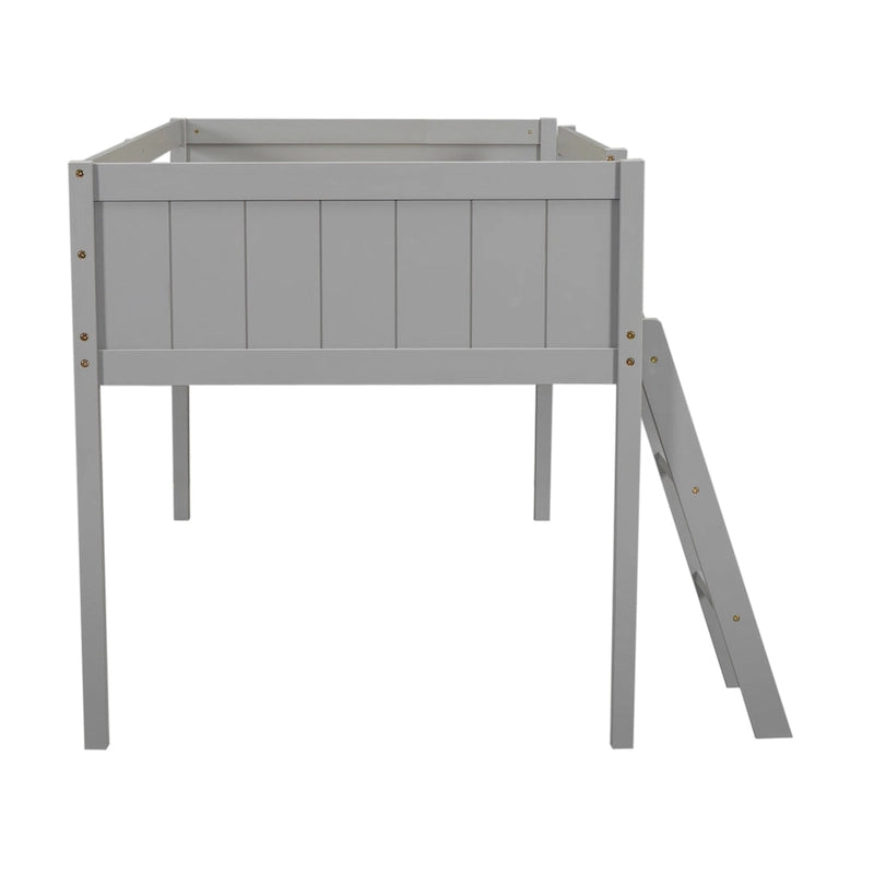 Twin Solid Pine Low Loft Bed with Full-Length Guardrails and Convertible Ladder, Gray White