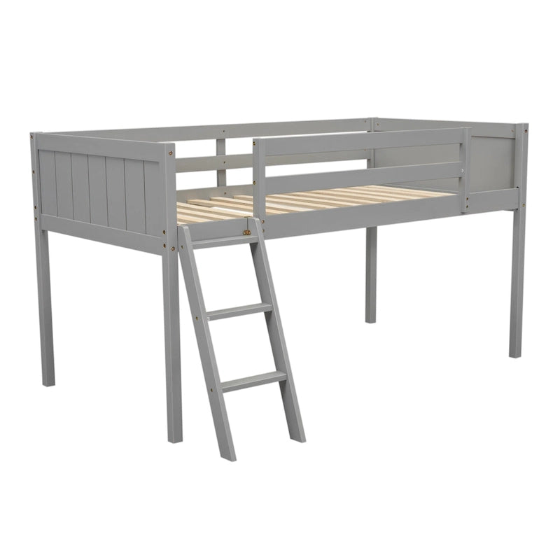 Twin Solid Pine Low Loft Bed with Full-Length Guardrails and Convertible Ladder, Gray White