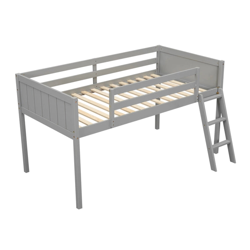 Twin Solid Pine Low Loft Bed with Full-Length Guardrails and Convertible Ladder, Gray White