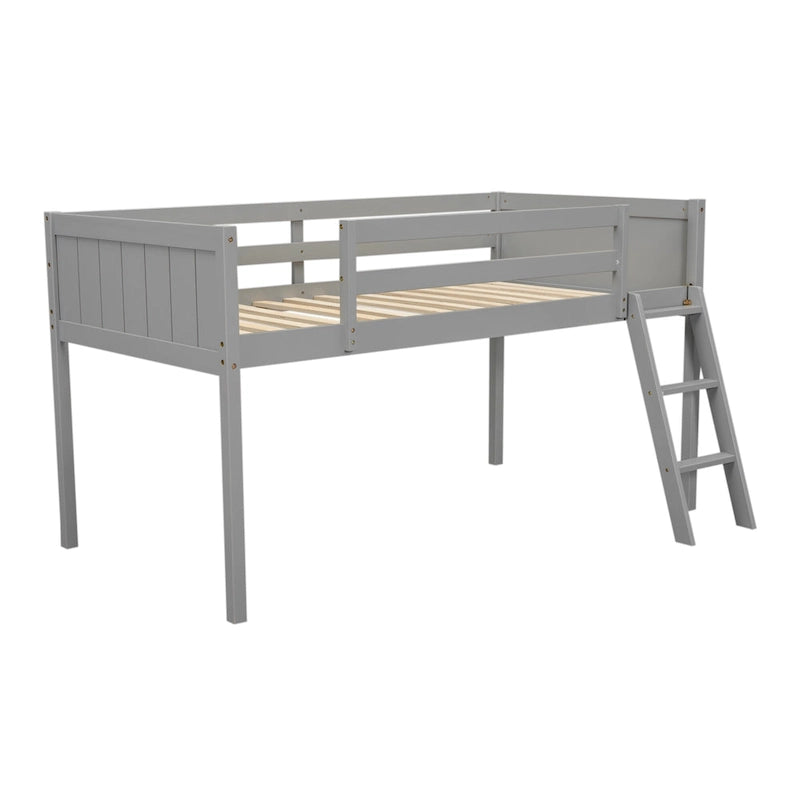 Twin Solid Pine Low Loft Bed with Full-Length Guardrails and Convertible Ladder, Gray White
