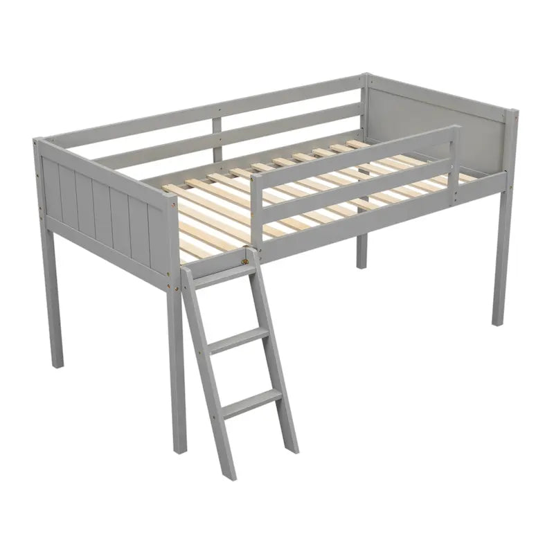 Twin Solid Pine Low Loft Bed with Full-Length Guardrails and Convertible Ladder, Gray White
