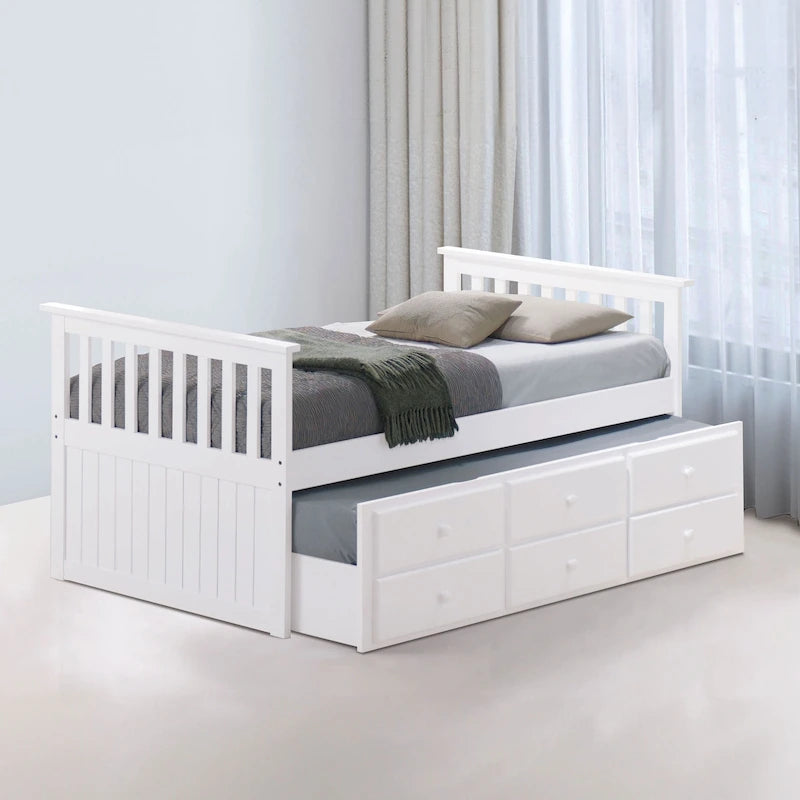 Letto capitano singolo con letto estraibile e 3 cassetti, legno massello, testiera Mission, bianco noce scuro blu notte