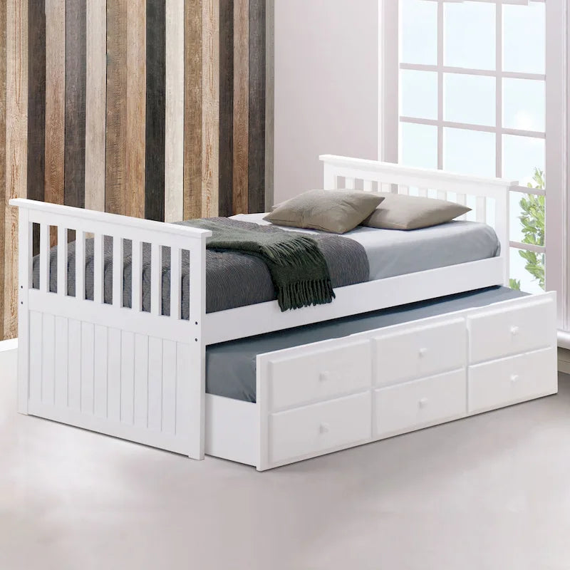 Letto capitano singolo con letto estraibile e 3 cassetti, legno massello, testiera Mission, bianco noce scuro blu notte